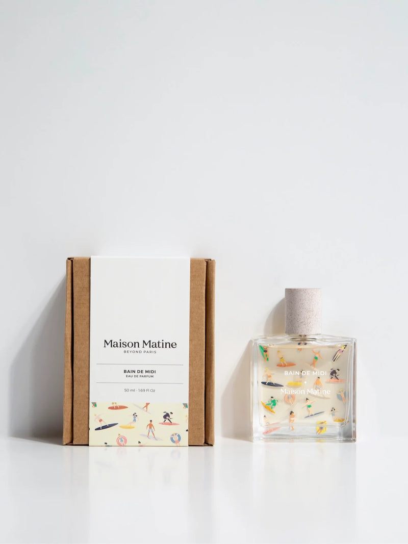 Bottle of perfume with colourful graphics by Maison Matine available at www.cuemars.com
