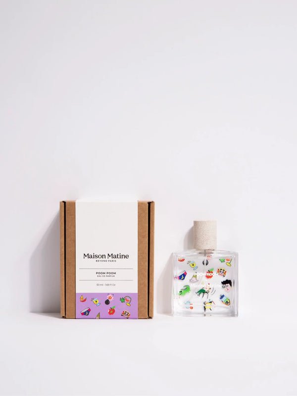Bottle of perfume with colourful graphics by Maison Matine available at www.cuemars.com
