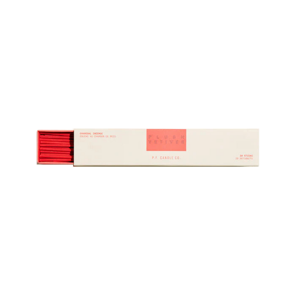 Red Charcoal Incense sticks in cream and read box by PF Candle California, Plush Vetiver scent.