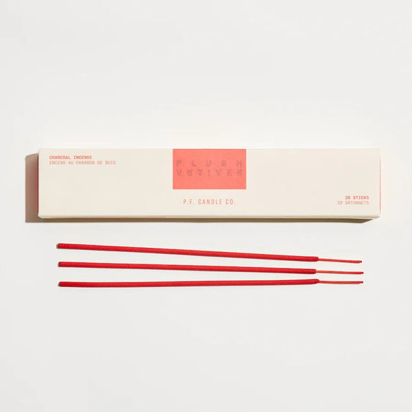 Red Charcoal Incense sticks in cream and read box by PF Candle California, Plush Vetiver scent.