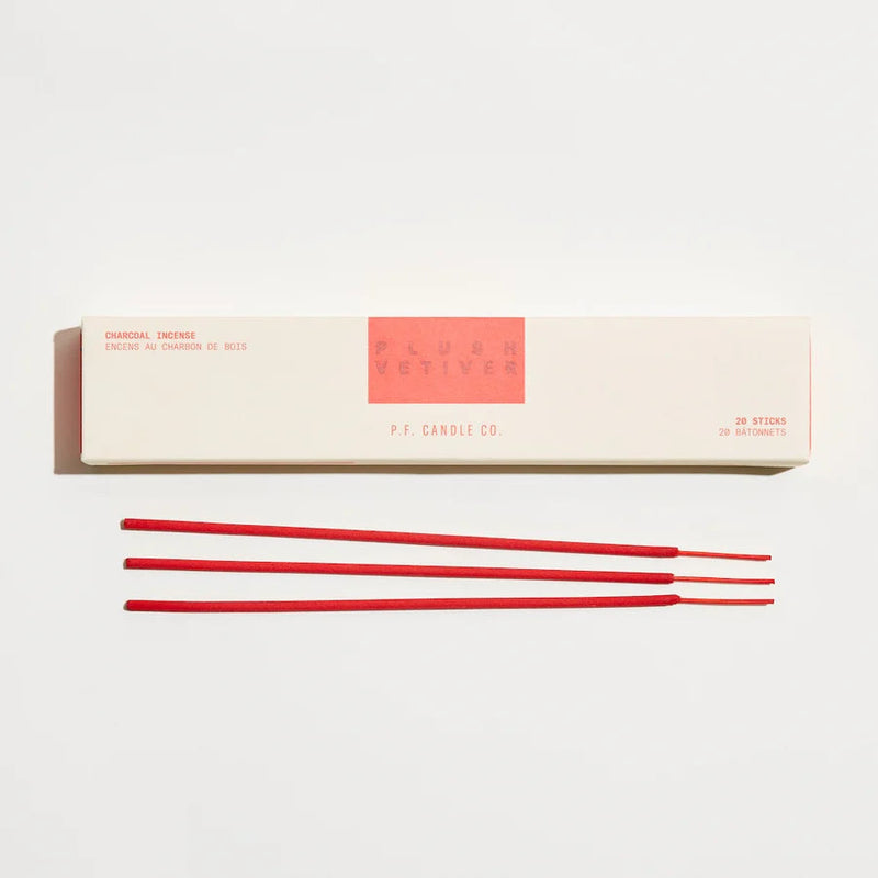 Red Charcoal Incense sticks in cream and read box by PF Candle California, Plush Vetiver scent.