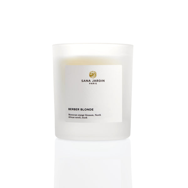 ana Jardin scented vegan candle in a white frosted reusable glass. Available at www.cuemars.com