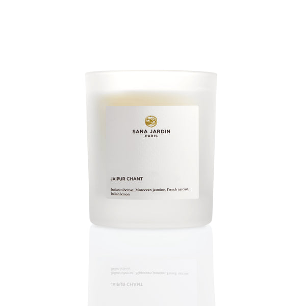 Luxurious vegan scented candle in white frosted glass by Sana Jardin, Jaipur Chant, available now at www.cuemars.com