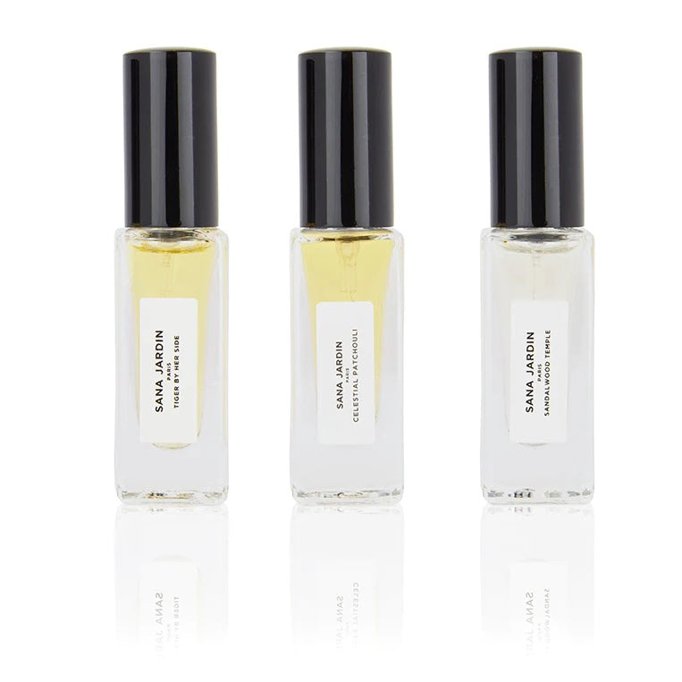Sana Jardin woody and amber set of three 10ml best selling perfumes available at Cuemars.com