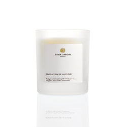 Luxurious vegan candle in white frosted glass by Sana Jardin Paris, Revolution de la Fleur, available at www.cuemars.com