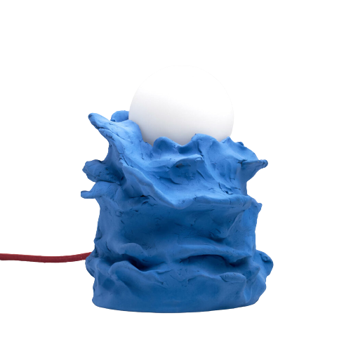 Ceramic blue lamp inspired by nature, with a sphere white bulb and a red cable, made by Siup Studio in Poland