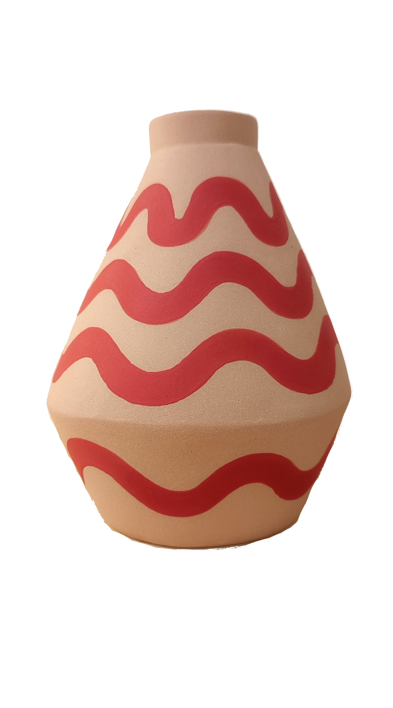 handmade porcelain red and pink wave diamond shaped vase by ceramicist Sophie Alda making this handmade piece a unique staple for home. Available at cuemars.com