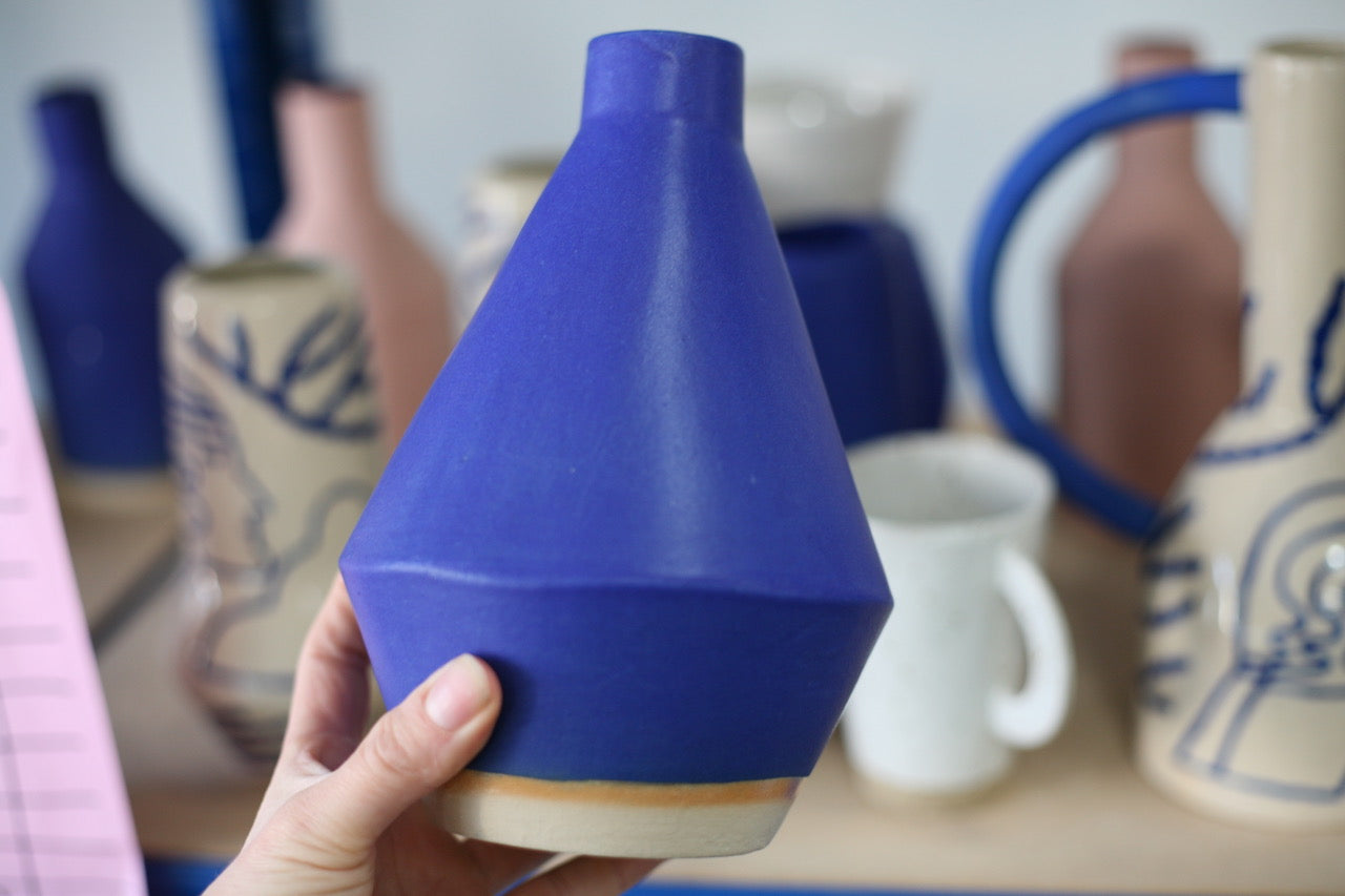 Jumbo Blue diamond shape vase, handmade and handprinted by East London based ceramicist Sophie Alda, available at www.cuemars.com