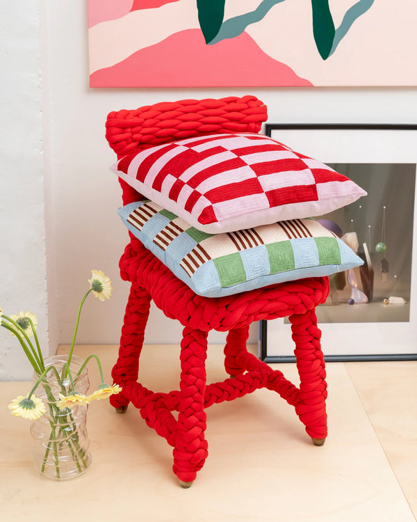 Cherry Soda Cushion by Tarta Gelatina – 45 × 45 cm hand-embroidered organic cotton throw pillow in vibrant cherry-red design, sustainably crafted in Barcelona.