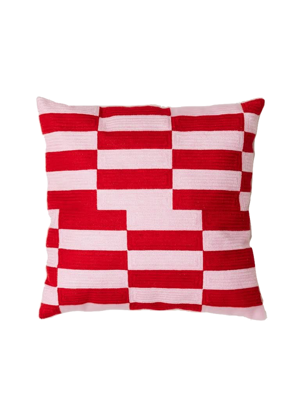 Cherry Soda Cushion by Tarta Gelatina – 45 × 45 cm hand-embroidered organic cotton throw pillow in vibrant cherry-red design, sustainably crafted in Barcelona.
