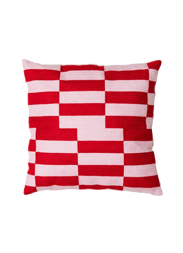 Cherry Soda Cushion by Tarta Gelatina – 45 × 45 cm hand-embroidered organic cotton throw pillow in vibrant cherry-red design, sustainably crafted in Barcelona.