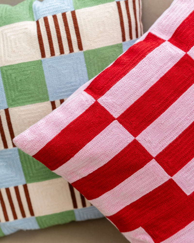 Cherry Soda Cushion by Tarta Gelatina – 45 × 45 cm hand-embroidered organic cotton throw pillow in vibrant cherry-red design, sustainably crafted in Barcelona.