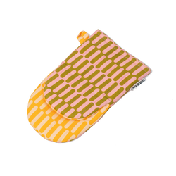 Quilted organic cotton oven mitt in food-print design with hanging loop