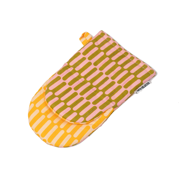 Quilted organic cotton oven mitt in food-print design with hanging loop