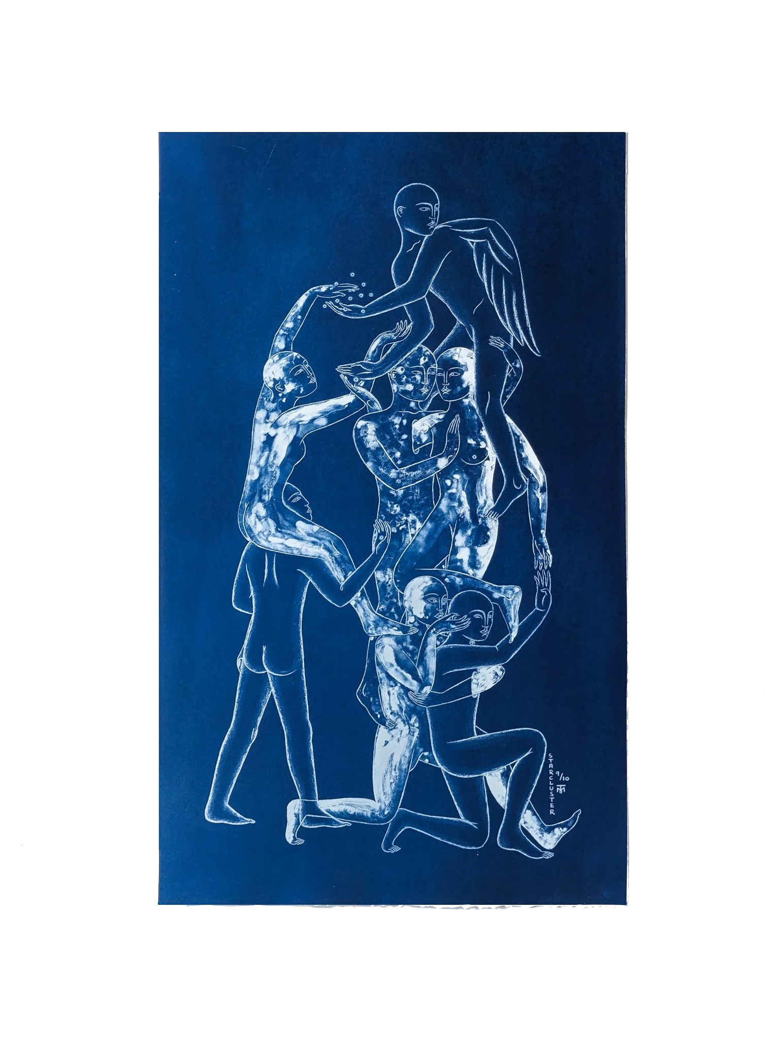 Handmade cyanotype print titled Cluster by Tom Berry showing white line-drawn human and celestial figures climbing one another on a deep blue background, their bodies filled with star-like textures.
