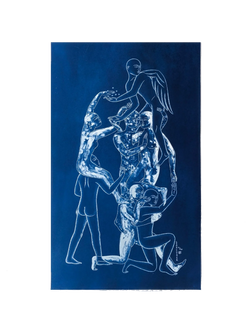 Handmade cyanotype print titled Cluster by Tom Berry showing white line-drawn human and celestial figures climbing one another on a deep blue background, their bodies filled with star-like textures.