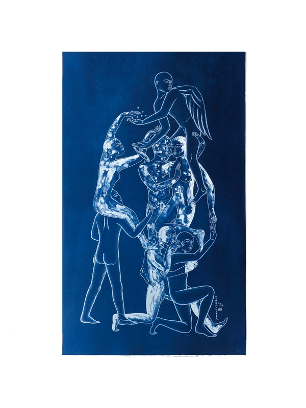 Handmade cyanotype print titled Cluster by Tom Berry showing white line-drawn human and celestial figures climbing one another on a deep blue background, their bodies filled with star-like textures.