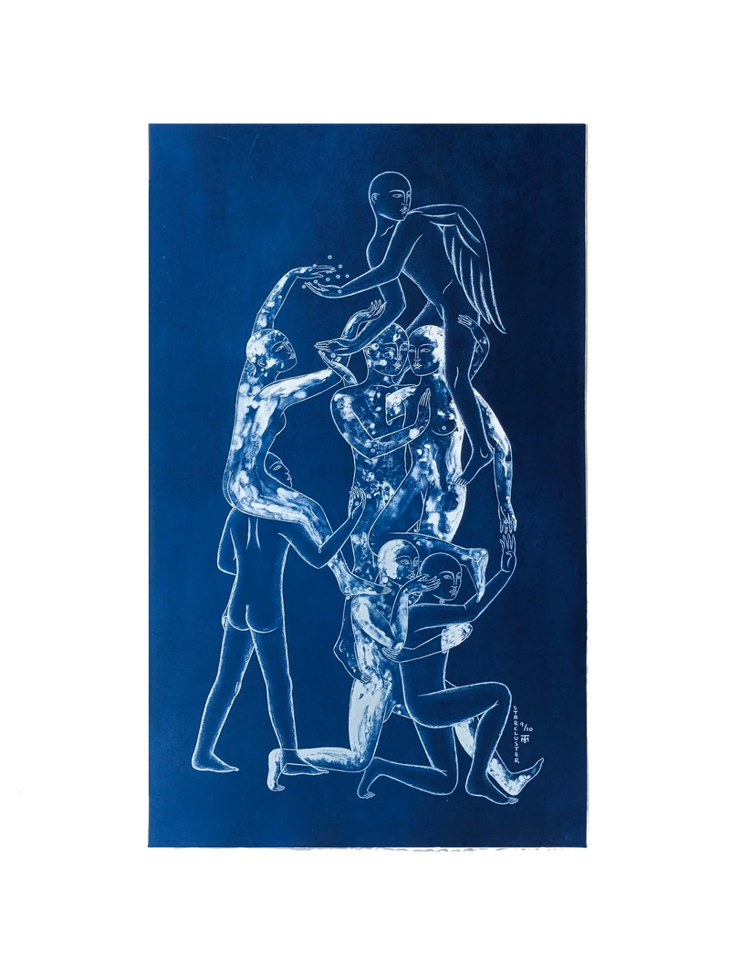 Handmade cyanotype print titled Cluster by Tom Berry showing white line-drawn human and celestial figures climbing one another on a deep blue background, their bodies filled with star-like textures.