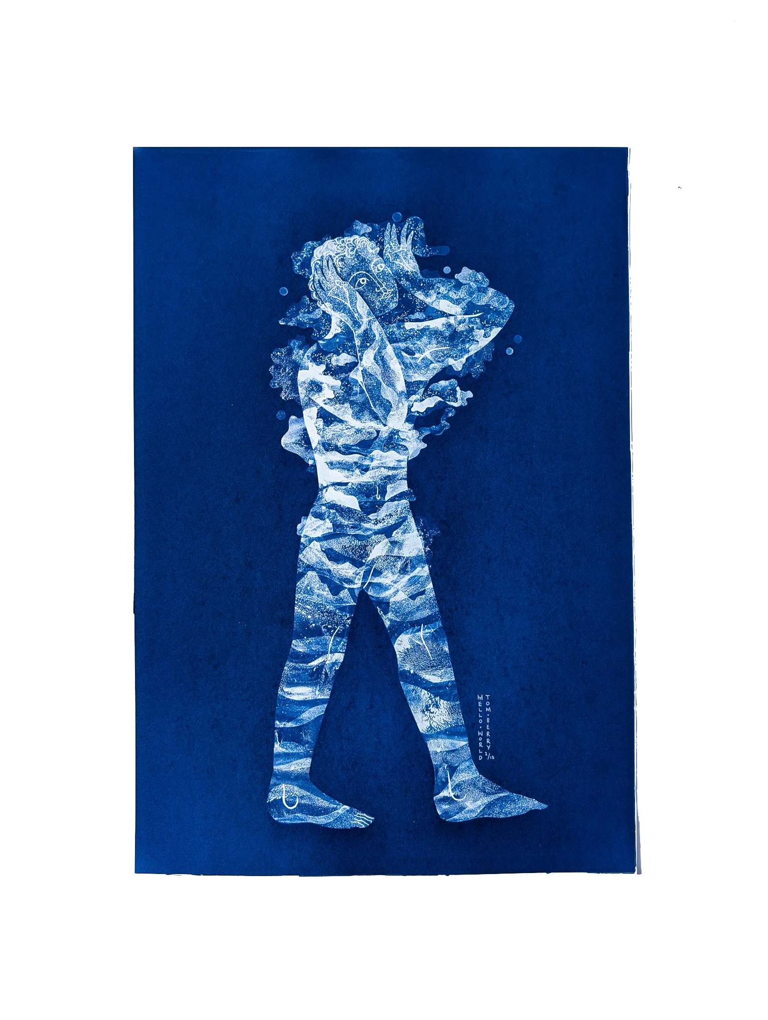 Handmade cyanotype print titled Hello World by Tom Berry showing a walking human silhouette filled with white ocean-like patterns and holding its hands to its face, symbolising fatherhood and the arrival of a new soul