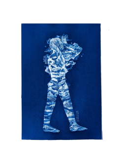 Handmade cyanotype print titled Hello World by Tom Berry showing a walking human silhouette filled with white ocean-like patterns and holding its hands to its face, symbolising fatherhood and the arrival of a new soul