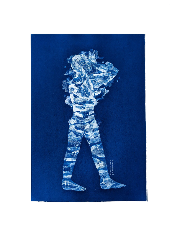 Handmade cyanotype print titled Hello World by Tom Berry showing a walking human silhouette filled with white ocean-like patterns and holding its hands to its face, symbolising fatherhood and the arrival of a new soul