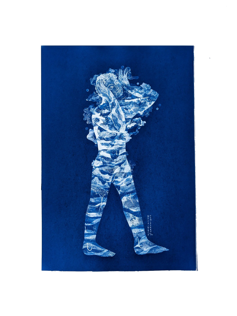 Handmade cyanotype print titled Hello World by Tom Berry showing a walking human silhouette filled with white ocean-like patterns and holding its hands to its face, symbolising fatherhood and the arrival of a new soul