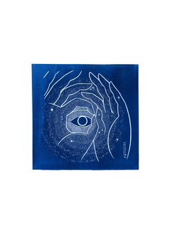 Handmade cyanotype artwork on deep blue background featuring white line drawings of multiple hands forming a circular frame around a single eye, with subtle speckled star-like patterns throughout.