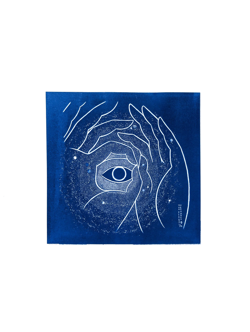 Handmade cyanotype artwork on deep blue background featuring white line drawings of multiple hands forming a circular frame around a single eye, with subtle speckled star-like patterns throughout.