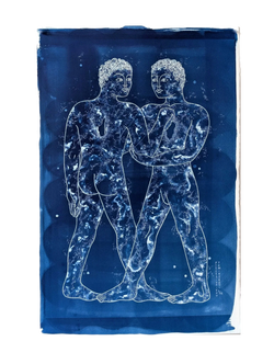 Handmade cyanotype print titled Pieces of You by Tom Berry showing two white line-drawn human figures standing close together on a deep blue background, their bodies filled with star-like textures to symbolize shared connection.