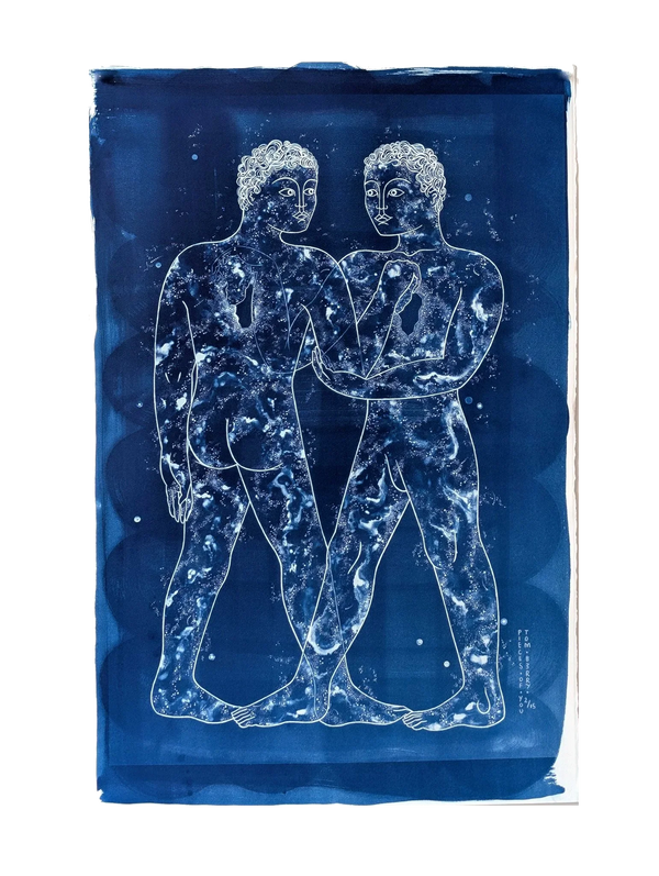 Handmade cyanotype print titled Pieces of You by Tom Berry showing two white line-drawn human figures standing close together on a deep blue background, their bodies filled with star-like textures to symbolize shared connection.