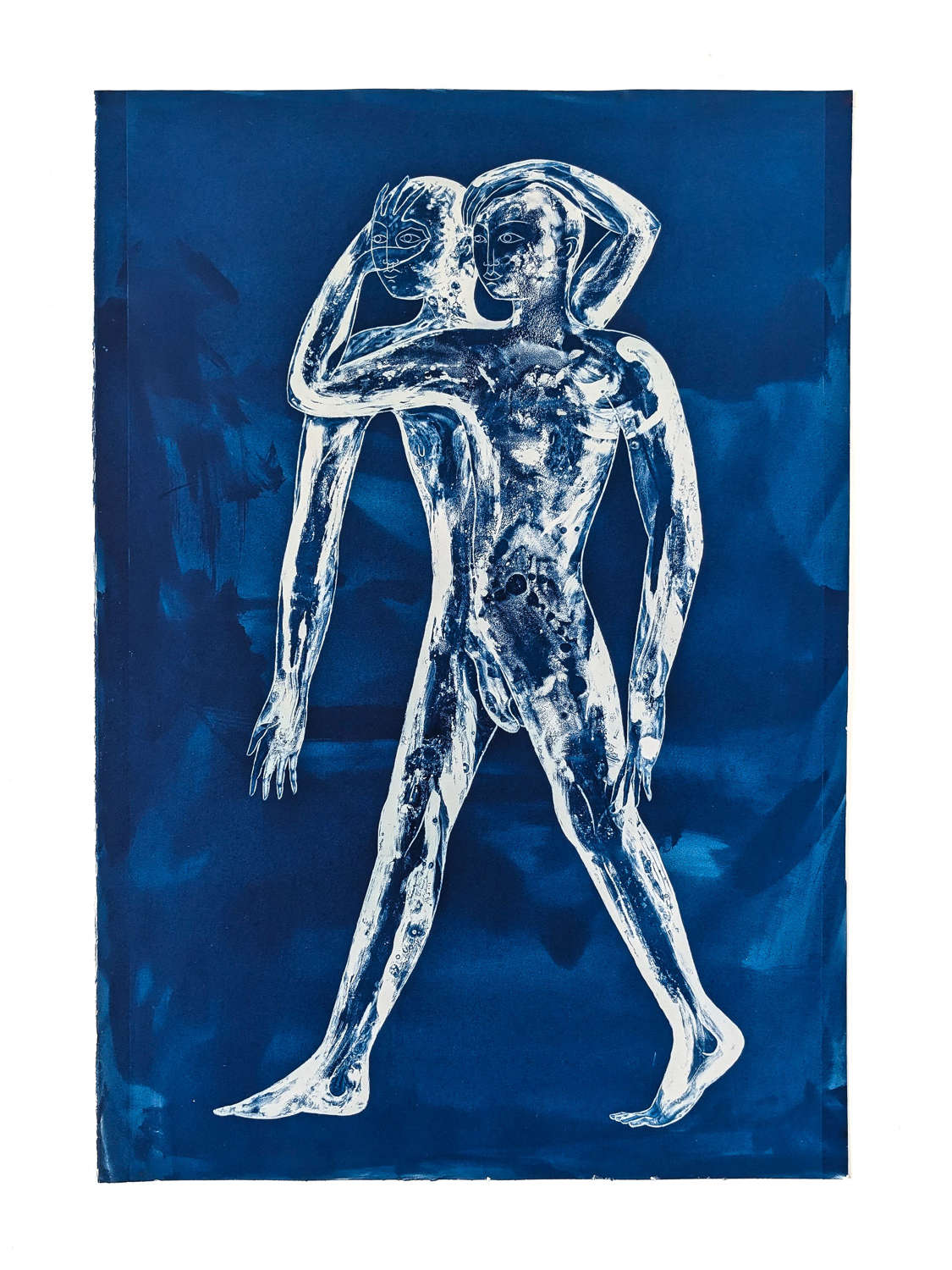 Cyanotype print by Tom Berry showcasing 2 figures intertwined seeing life from different prisms.