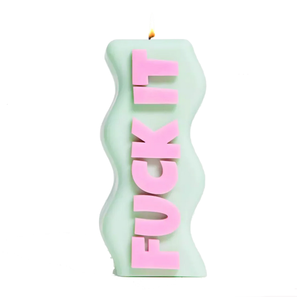 Mint green and pink Fuck It soy wax candle, by UK based independent brand Wavey Casa, available at www.cuemars.com