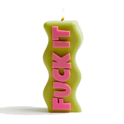 Green and pink Fuck It soy wax candle, by UK based independent brand Wavey Casa, available at www.cuemars.com
