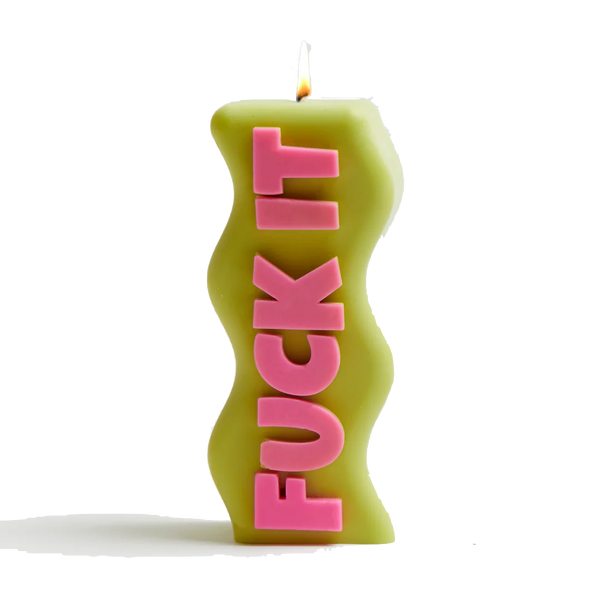Green and pink Fuck It soy wax candle, by UK based independent brand Wavey Casa, available at www.cuemars.com