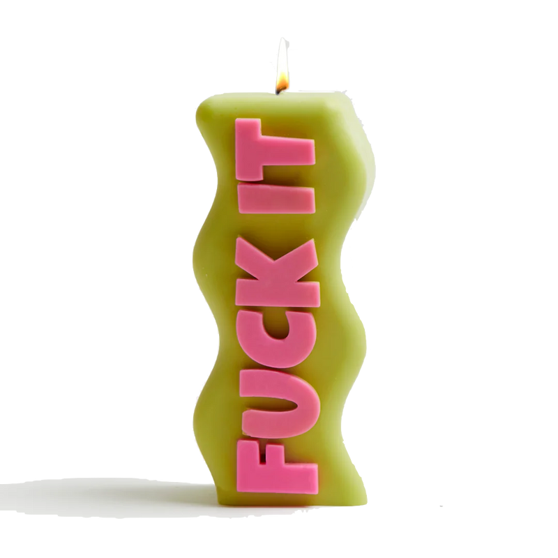 Green and pink Fuck It soy wax candle, by UK based independent brand Wavey Casa, available at www.cuemars.com