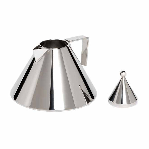 Alessi Il Conico Water kettle components, a conical kettle in stainless steel mirror polished body and a magnetic steel base