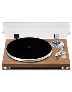 Walnut turntable with engraved logo TEAC on the left hand side, metallic finishes and transparent box