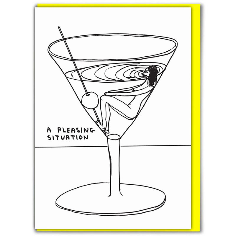 A woman bathing in a martini glass with an olive with the typography A Pleasing Situation. Illustrated by David Shrigley, Available at www.cuemars.com