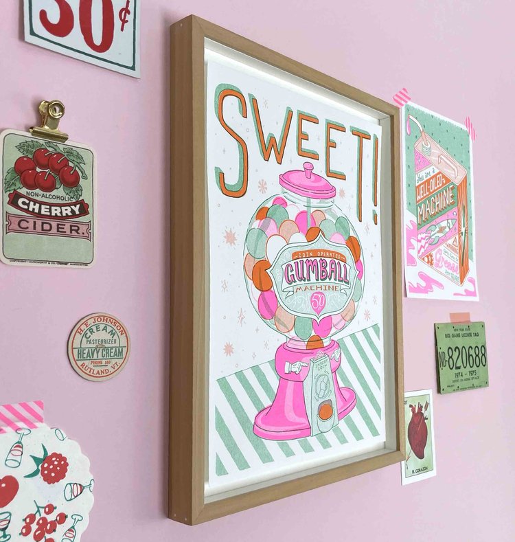 Gum ball colourful machine A4 print called Sweet!, illustrated by Jacqueline Colley. Available at www.cuemars.com