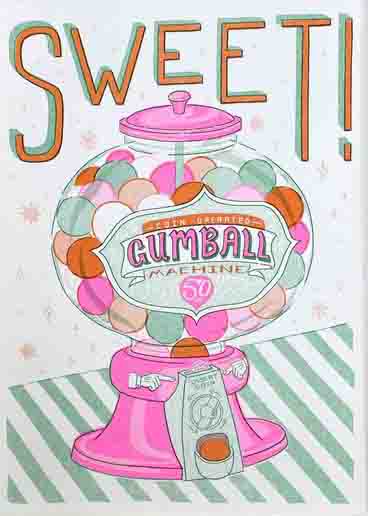 Gum ball colourful machine A4 print called Sweet!, illustrated by Jacqueline Colley. Available at www.cuemars.com