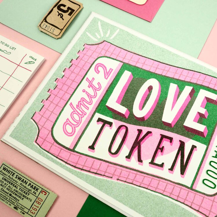 admit 2 love token ticket riso print designed and printed by Jacqueline Colley. Available at cuemars.com