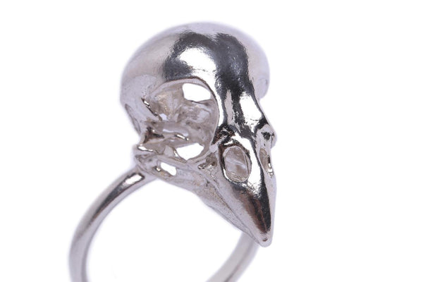Misan Jewellery close up details of finch skull ring in sterling silver