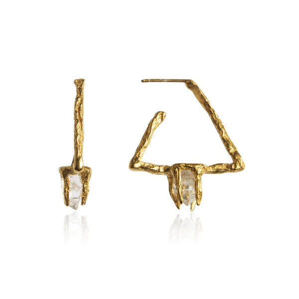 Triangle shaped earrings in gold plated and a transparent gemstone by Niza Huang, available at www.cuemars.com