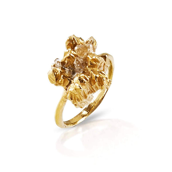 Close up of irregular handmade ring by Niza Huang in 22ct gold plated silver from the under earth collection