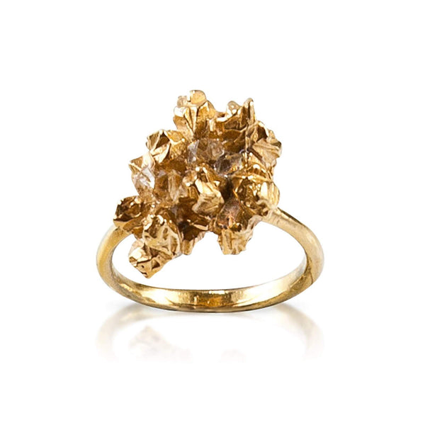 Details of irregular handmade statement ring by Niza Huang in 22ct Gold Plated Silver and Herkimer Diamonds
