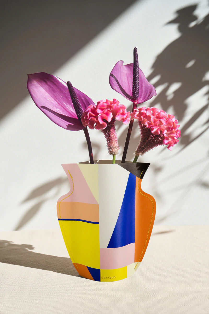 Colourful mini paper vase to put flowers in designed and made by Octaevo, available at cuemars.com
