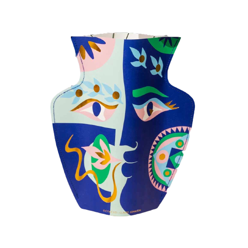 Colourful blue pink green and orange paper vase designed by Australian artist Claire Johnson. Available at www.cuemars.com