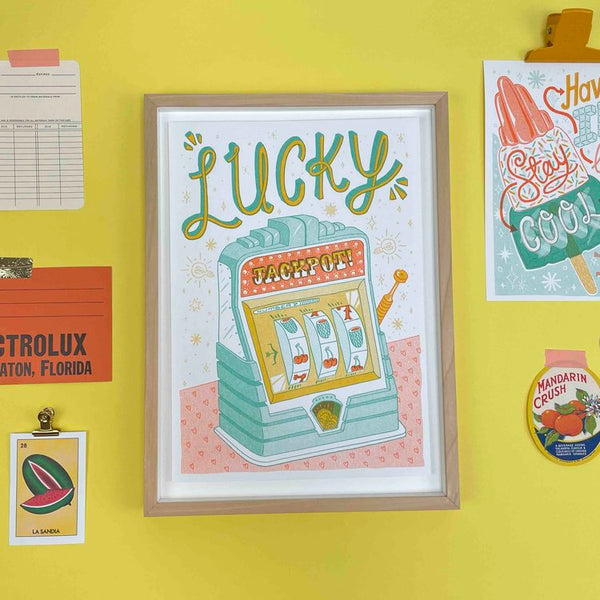 Lucky Jackpot riso print designed by Jacqueline Colley, available at www.cuemars.com