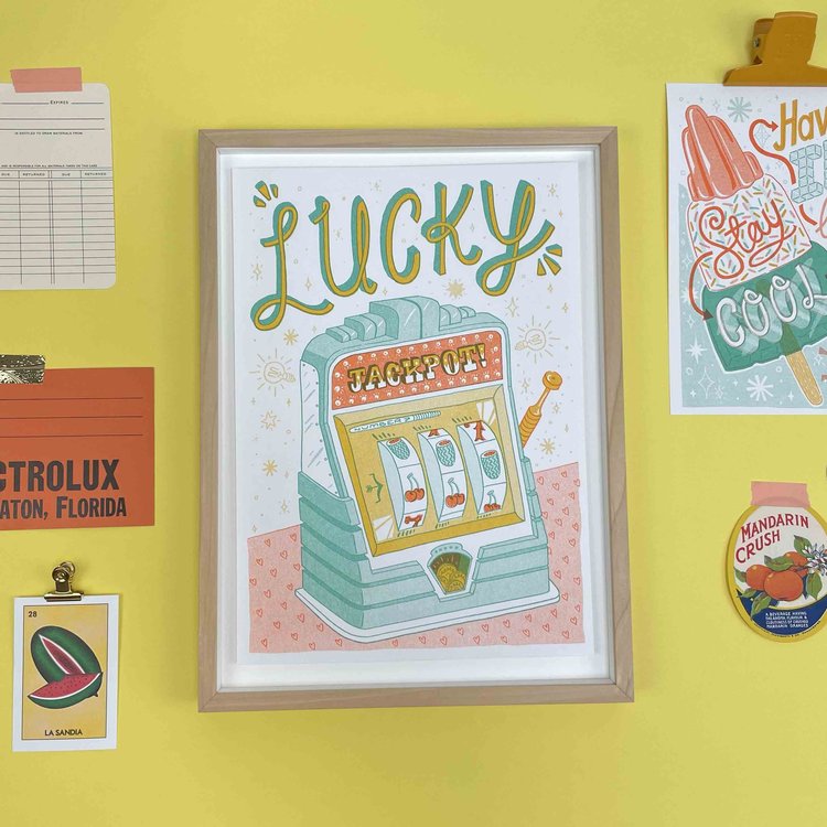 Lucky Jackpot riso print designed by Jacqueline Colley, available at www.cuemars.com