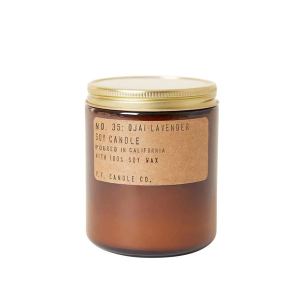 Ojai Lavender soy wax candle in amber glass jar, by PF Candle , available at cuemars.com